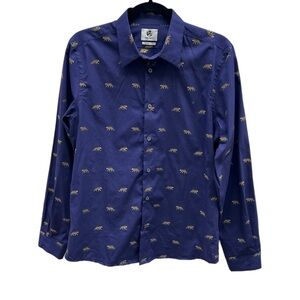 PS Paul Smith Cotton Tailored Fit Tiger Print Shirt Navy & Gold Size Small